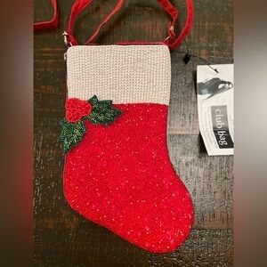 Bamboo Trading Company Beaded Purse Christmas Stocking Red White Small Festive